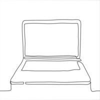 Silhouette of an open laptop ready to work with place for text. It can be used for animation. One continuous line drawing of a working computer. vector