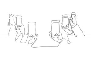 Continuous one line drawing In their hands phones smartphones. Six right hands holding smartphones directed by cameras to an empty center vector