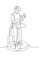 Young man stands on a running platform on it with virtual reality glasses in his hands controllers. The guy is involved in the game from visual projections. Vector one continuous line art