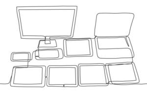 artilugio puesto fuera en el mesa un computadora, computadora portátil, teléfono, consola, teléfono y varios tabletas uno continuo línea dibujo el concepto de en línea transmisión, familia artilugio vector