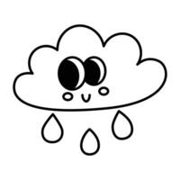 Kawaii cloud and rain cartoon line icon. vector