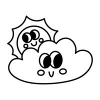 Kawaii Sun and cloud cartoon line icon. vector