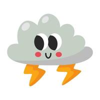 Kawaii Blue cloud and lightning thunderstorm cartoon icon. vector