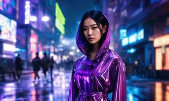 AI generated beautiful asian woman in purple raincoat walking in the city. ai generative photo