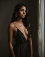 AI generated Beautiful petite Filipino woman in a black strapless dress. ai generative photo