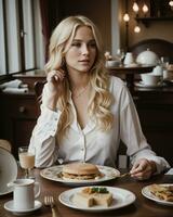 ai generado hermosa rubia niña sentado a el mesa con un lote de alimento. ai generativo foto