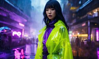 AI generated beautiful asian woman in purple raincoat walking in the city. ai generative photo