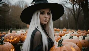 ai generado hermosa joven mujer en negro vestir y sombrero en el antecedentes de Víspera de Todos los Santos calabazas ai generativo foto