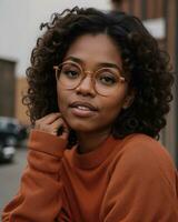 AI generated Beautiful african american woman with curly hairstyle and glasses. ai generative photo