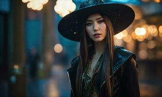 AI generated beautiful woman in hat and leather jacket looking at camera in city. ai generative photo