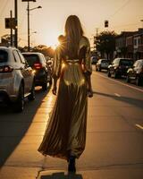 ai generado hermosa joven mujer en un largo amarillo vestir caminando en el calle a puesta de sol. ai generativo foto