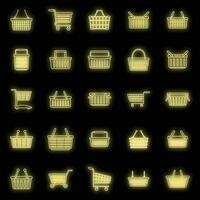 Basket cart supermarket icons set vector neon