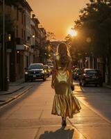 AI generated Beautiful young woman in a long yellow dress walking on the street at sunset. ai generative photo