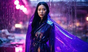 AI generated beautiful asian woman in purple raincoat walking in the city. ai generative photo
