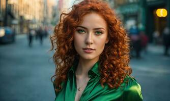 AI generated Beautiful young woman with red curly hair in a green dress in the city at night. ai generative photo