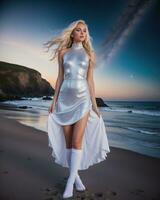 ai generado hermosa rubia mujer en blanco vestir en el playa a noche. ai generativo foto