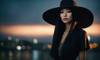 AI generated beautiful woman in hat and leather jacket looking at camera in city. ai generative photo