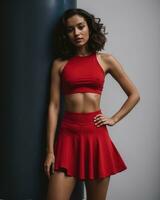 AI generated Beautiful young brunette woman in a red sports top and leggings posing. ai generative photo