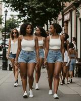 ai generado grupo de joven hermosa africano americano mujer en pantalones pantalones cortos caminando en el ciudad. ai generativo foto