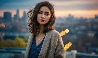 AI generated Portrait of a beautiful young woman in the city at sunset. ai generative photo