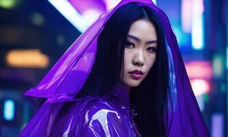 AI generated beautiful asian woman in purple raincoat walking in the city. ai generative photo