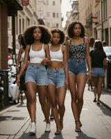 ai generado grupo de joven hermosa africano americano mujer en pantalones pantalones cortos caminando en el ciudad. ai generativo foto