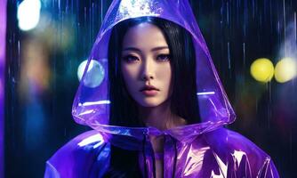 AI generated beautiful asian woman in purple raincoat walking in the city. ai generative photo