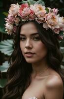 ai generado hermosa joven mujer con flores en pelo mirando a cámara aislado en gris. ai generativo foto