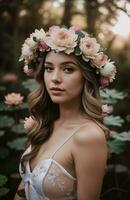 ai generado hermosa joven mujer con flores en pelo mirando a cámara aislado en gris. ai generativo foto