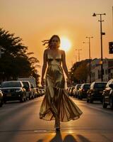 AI generated Beautiful young woman in a long yellow dress walking on the street at sunset. ai generative photo