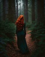 AI generated Beautiful redhead girl with long curly hair in a dark forest. ai generative photo