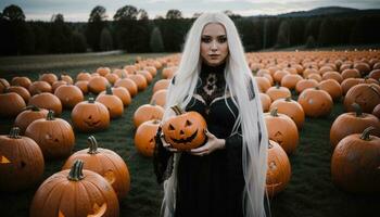 ai generado hermosa joven mujer en negro vestir y sombrero en el antecedentes de Víspera de Todos los Santos calabazas ai generativo foto