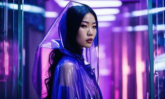 AI generated beautiful asian woman in purple raincoat walking in the city. ai generative photo