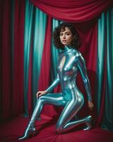 AI generated Beautiful young brunette woman in a blue latex suit posing in the studio. ai generative photo