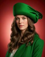 AI generated Portrait of a beautiful young woman in green coat and red hat. ai generative. ai generative photo