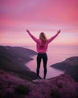 ai generado joven mujer caminante abierto brazos en parte superior de un montaña a amanecer. ai generativo foto