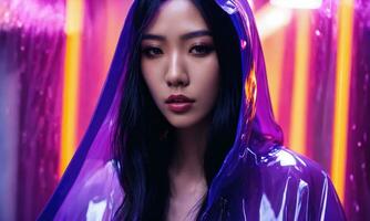 AI generated beautiful asian woman in purple raincoat walking in the city. ai generative photo