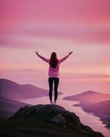 ai generado joven mujer caminante abierto brazos en parte superior de un montaña a amanecer. ai generativo foto