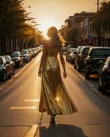 AI generated Beautiful young woman in a long yellow dress walking on the street at sunset. ai generative photo