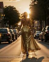 AI generated Beautiful young woman in a long yellow dress walking on the street at sunset. ai generative photo