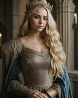 ai generado hermosa mujer en medieval vestidos posando en frente de un castillo. ai generativo foto