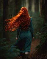 AI generated Beautiful redhead girl with long curly hair in a dark forest. ai generative photo