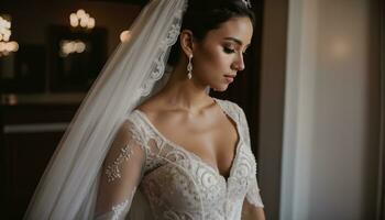 AI generated Beautiful bride in white wedding dress posing. ai generative photo