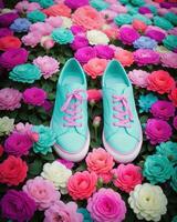 AI generated Womens shoes and flowers on colorful background, top view. ai generative photo