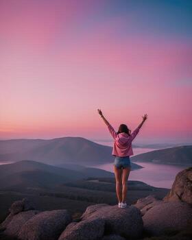 AI generated young woman hiker open arms on top of a mountain at sunrise. ai generative photo