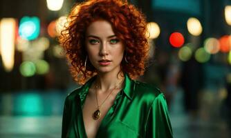 AI generated Beautiful young woman with red curly hair in a green dress in the city at night. ai generative photo