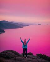 AI generated young woman hiker open arms on top of a mountain at sunrise. ai generative photo