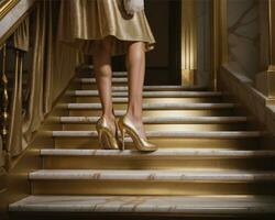 AI generated Female legs in golden high-heeled shoes on the stairs. ai generative photo