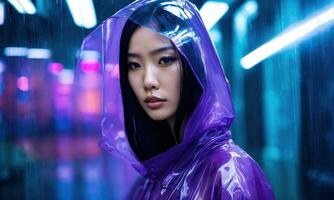 AI generated beautiful asian woman in purple raincoat walking in the city. ai generative photo