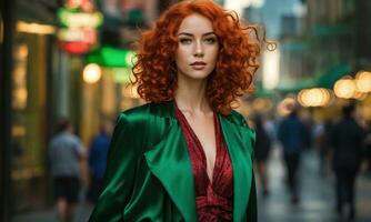 AI generated Beautiful young woman with red curly hair in a green dress in the city at night. ai generative photo